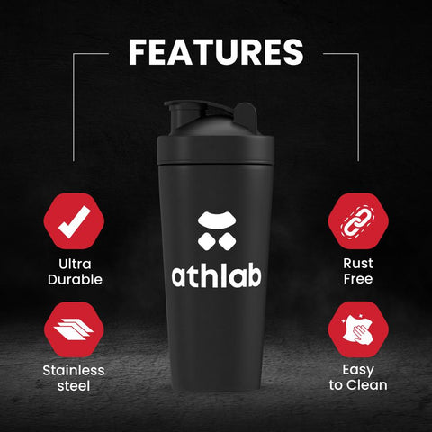 Athlab Black Steel Shaker Bottle - 750ml, Ultra Durable